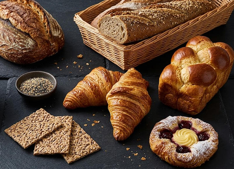 Assorted bread and pastries on a dark table
